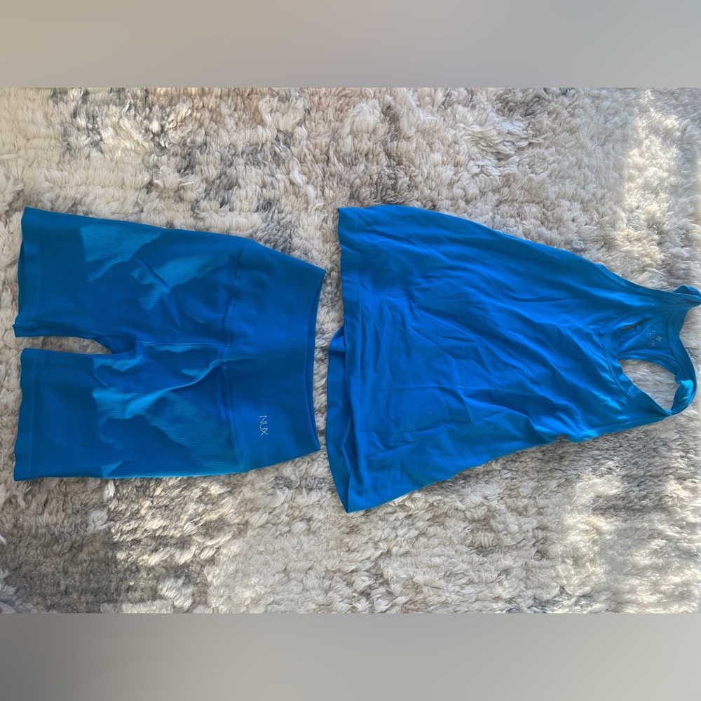 Blue NUX biker shorts + matching tank